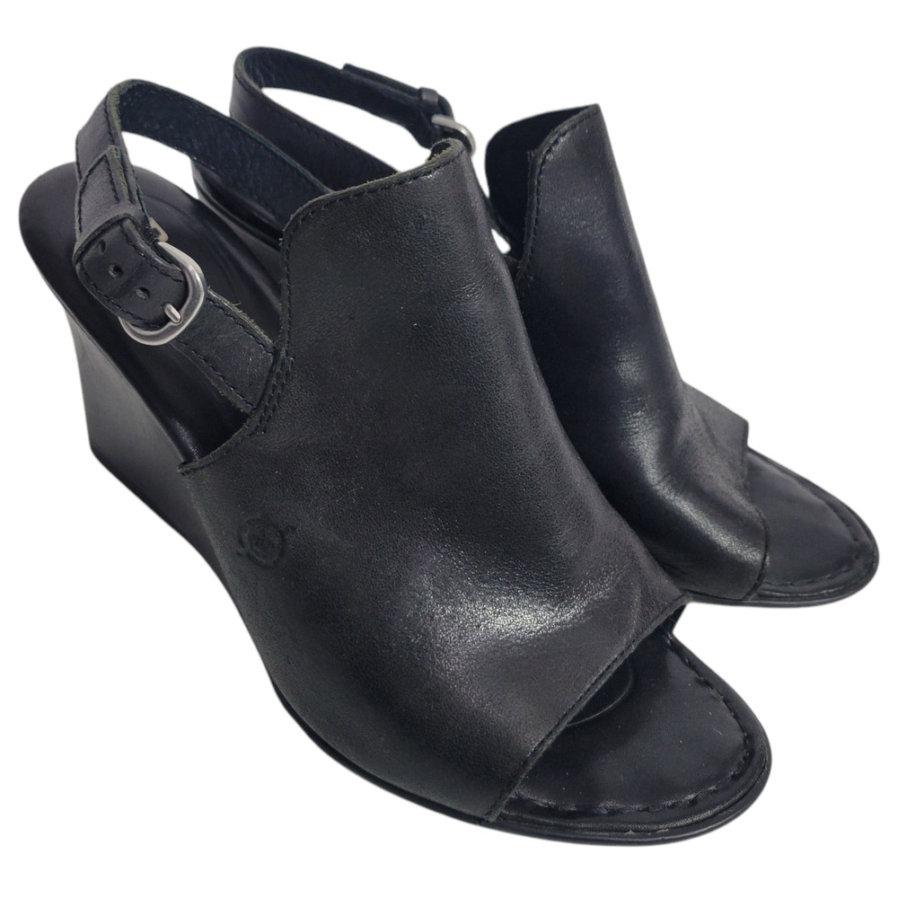 Born Bevi Wedge Heel Black Open Toe Leather Slingback Comfort Cushioned Buckle 7